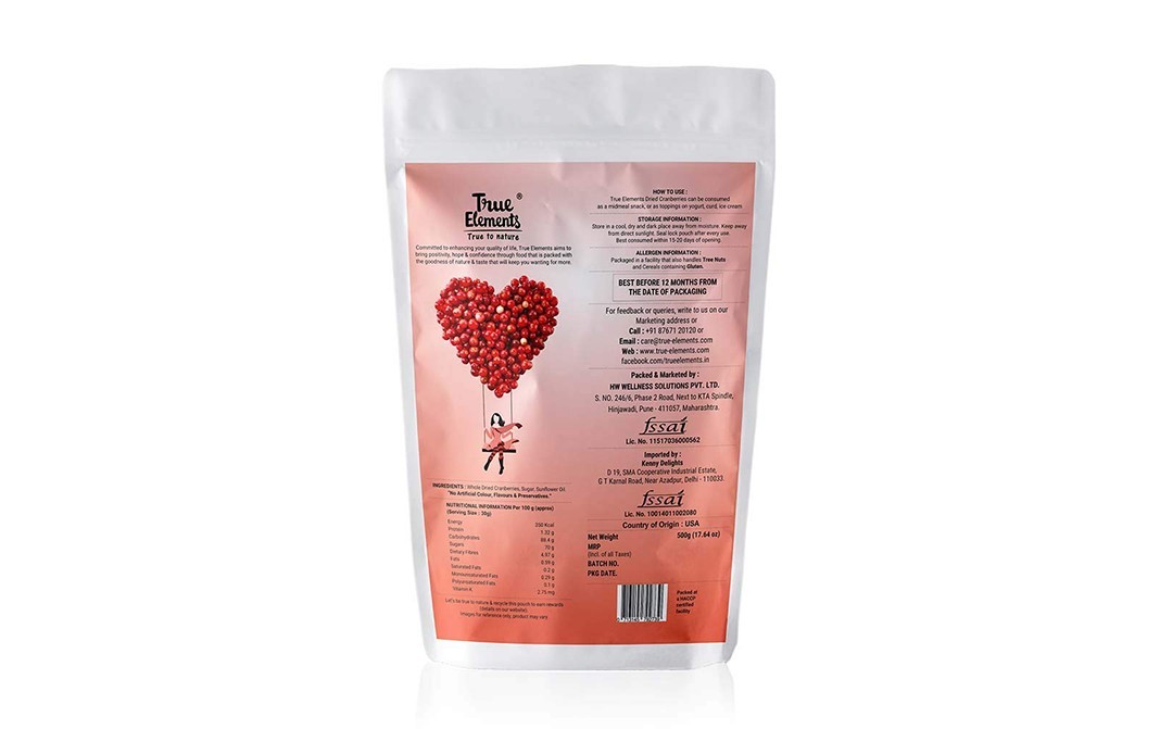 True Elements Dried Whole Cranberries    Pack  500 grams